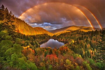 rainbow over forest lake