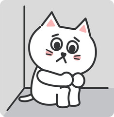 White cartoon cat having social anxiety, vector illustration.