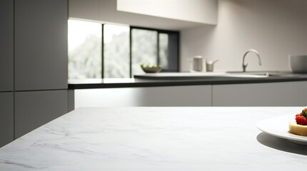 A Kitchen Setting with a White Display Counter with windows in the background - AI-Generated