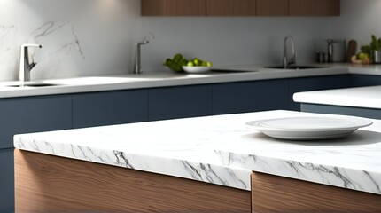 A Kitchen Setting with a White Display Counter  with sink and extras in background - AI-Generated
