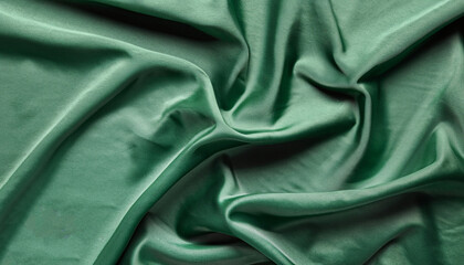 Fototapeta premium Crumpled dark green silk fabric as background, top view