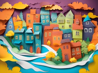 colorful houses in the village with river , paper cut
