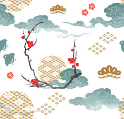 Japanese seamless pattern with abstract art elements vector. Asian background with oriental decoration such as hand drawn bamboo tree, cherry blossom flower, cloud icon in vintage style. 