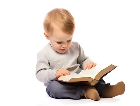 Cute baby boy reading holy bible book. Isolated on white