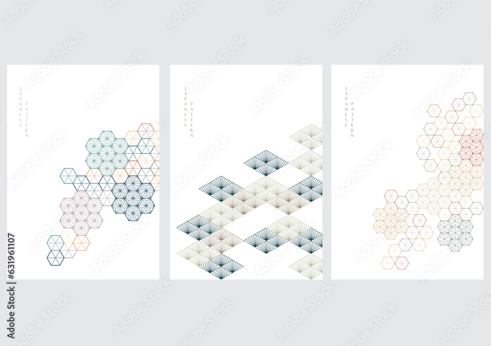 Wall mural japanese background with line art pattern vector. abstract template with traditional minimal geometr