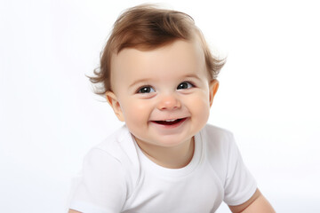 Naklejka premium Closeup photo of a cute little baby boy child a smile and laugh isolated on white background