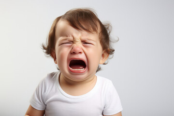 Closeup photo of a cute little baby boy child crying and screaming isolated on white background.