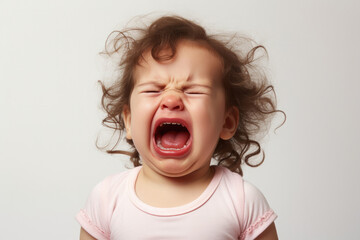 Closeup photo of a cute little baby girl child crying and screaming isolated on white background.