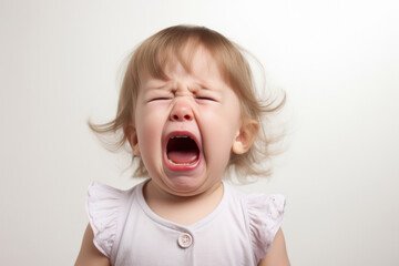 Closeup photo of a cute little baby girl child crying and screaming isolated on white background.