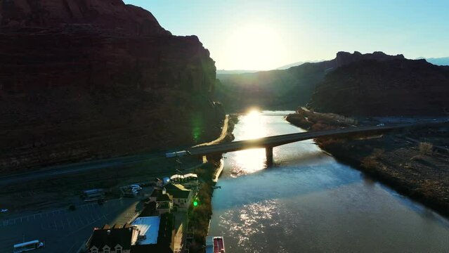 Moab, Utah, where the landscape has been carved by the Colorado River Erosion, looking at the Bridge Crossing the Colorado River