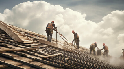 Construction workers working on the roof. - obrazy, fototapety, plakaty