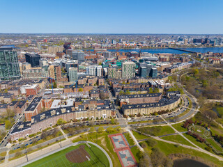 Boston Fenway district modern city skyline and Emerald Necklace Conservation Park with Charles...