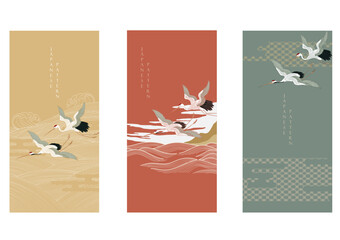 Japanese background with hand drawn wave in vintage style. Art landscape banner design with crane birds card design decoration.