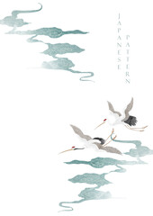 Japanese background with watercolor texture vector. Brush stroke decoration with hand drawn ocean sea elements in vintage style. Wave pattern. Crane birds element.