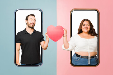 Attractive man and woman using a dating app and finding love