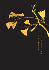 Japanese black background with ginkgo leaves gold texture vector. Painting brush decoration with hand drawn branch of leaves elements in vintage style.