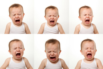 Set of Closeup photo of a cute little baby boy child crying and screaming isolated on white background.