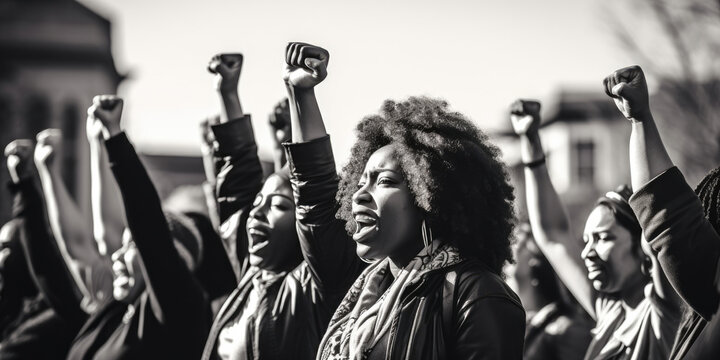 Black Women March Together In Protest. Arms And Fists Raised In The For Activism In The Community