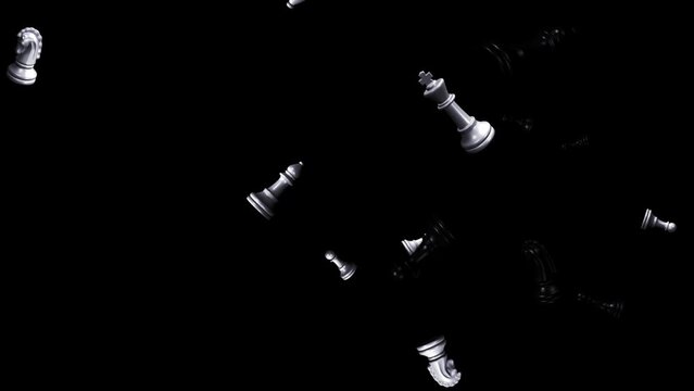 Chess Pieces - White and Black - Flying Loop - Realistic 3D animation loop isolated with alpha channel on transparent background