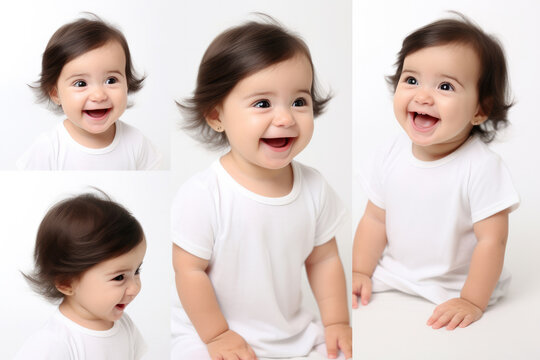 Set of Closeup photo of a cute little baby girl child smile and laugh isolated on white background