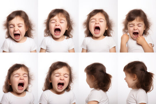 Set of Closeup photo of a cute little baby girl child crying and screaming isolated on white background.