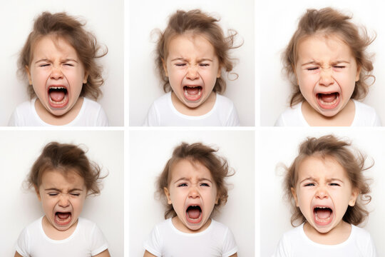 Set of Closeup photo of a cute little baby girl child crying and screaming isolated on white background.