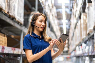 Portrait asian engineer woman shipping order check goods supplies export, import, goods, factory, warehouse, international trade, transportation ,cargo ship, logistic, distribution.business industry