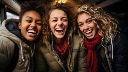 Group of happy friends and laughing, tourism, travel, peoplesharing good and positive mood, leisure and teenage concept, with blurred background, Generative AI illustration
