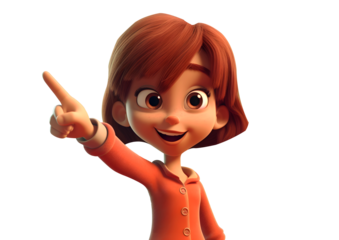 Cute small 3d girl pointing finger on side, Kid excitedly showing something by pointing index finger, cute character render isolated on transparent background