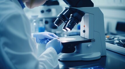 Laboratory scientists conduct experiments. Chief research scientist adjusts specimen in a petri dish and looks on it into microscope, Generative AI illustration