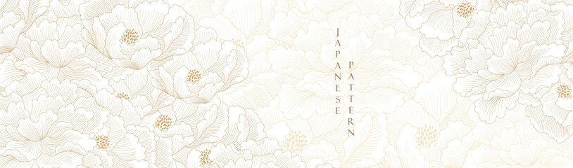 Peony flower with hand drawn illustration in vintage style. Gold floral pattern in vintage style. Oriental flora  banner design.