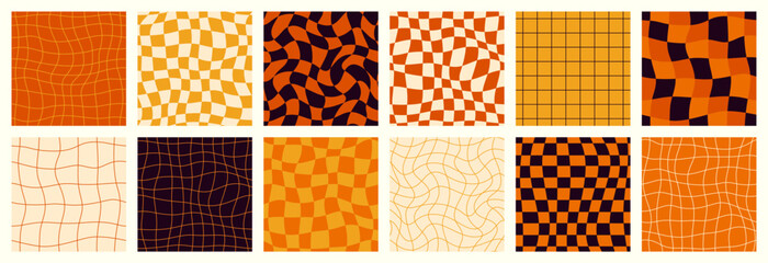 Halloween Checkerboard Seamless Patterns Set. Retro Groovy Grid Background in 1970s Style. Y2K Wavy Print