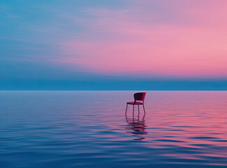 a chair in the sea at sunset.  Solitude and unity with nature concept