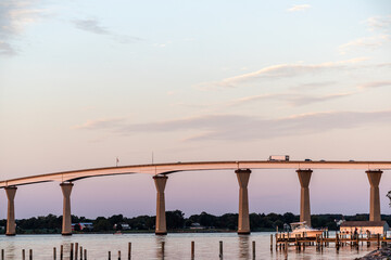 Solomons, Maryland USA A sunset view of the Solomons Island Bridge over the Patuxent River.