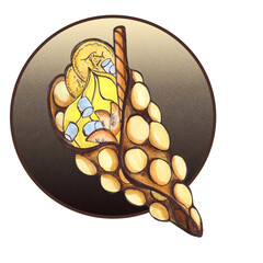 Delicious appetizing Hong Kong waffle with cream, marshmallows, chocolate stick, banana and peach pieces. Hand-drawn picture.