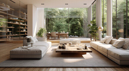modern luxury living room interior with lighting from the large windows generativa IA - obrazy, fototapety, plakaty