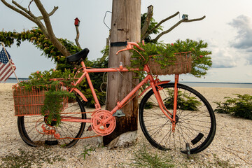 piney Point, Maryland, USA A pink bicycle is parked next to a pole to hold potted plants on the...