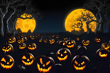 Spooky dark forest with pumpkins glowing. Background for Halloween. Generative AI

