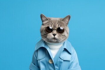 Cute cat wearing jacket and glasses isolated on blue background. generative ai