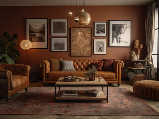 living room with a leather sofa is sitting by a coffee table adorned in terracotta tones and with artworks above coffee table, in the style of retro vintage, generative AI