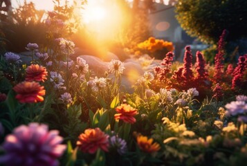 Obraz na płótnie Canvas Flower garden with beautiful sunrise in the morning. generative ai