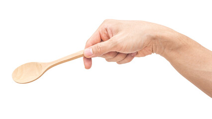 isolated of a man's hand holding a wooden spoon.