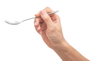isolated of a man's hand holding a steel spoon.