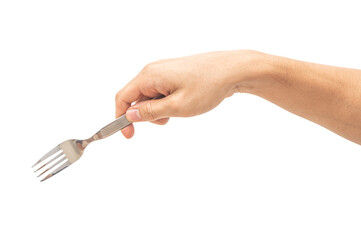isolated of a man's hand holding a silver steel fork.