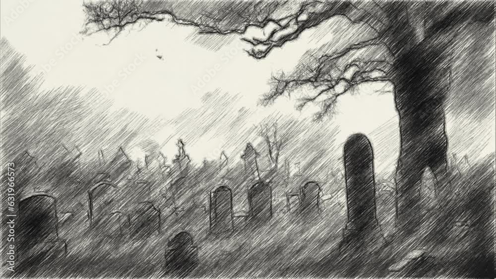 Wall mural black and white of graveyard , sketch style