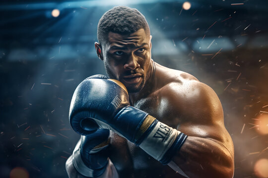 Athlete boxing in attack pose with angry face