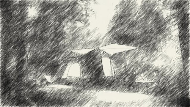 black and white of tent in the forest, sketch style