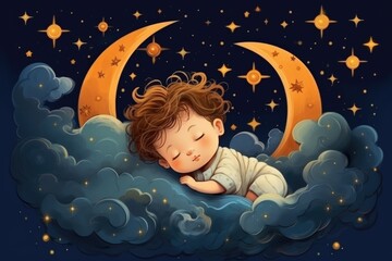 Obraz na płótnie Canvas kids illustration with moon and sleeping baby. Beautiful poster for baby room or bedroom. Childish greeting card