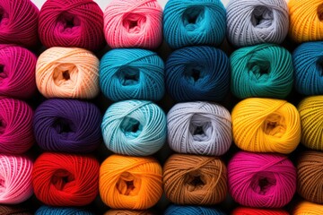 Background from colored yarn. Balls of thread close-up. Materials for needlework. Rack with yarn in the store. Shelf with multi-colored threads for knitting