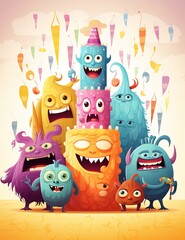Naklejka premium Cheerful Creature Chaos Cartoon Pattern Art Monsters in Harmony Cute Cartoon Background